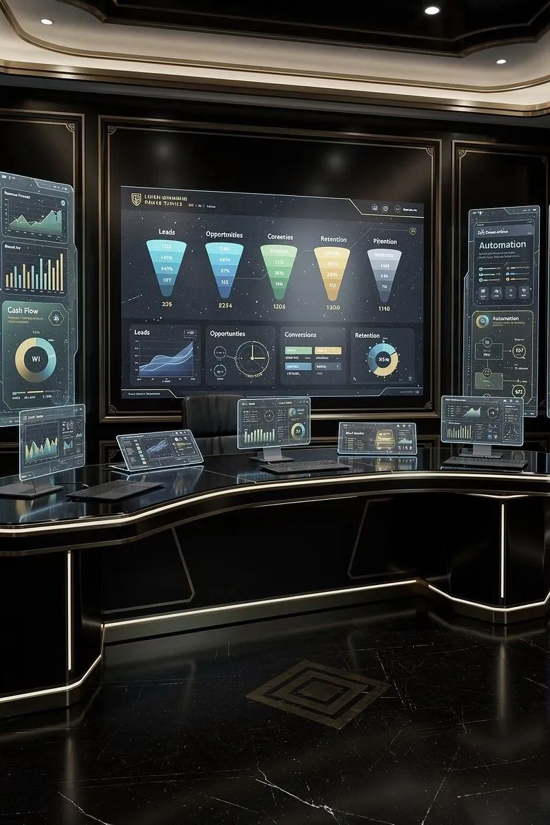 Sala com painéis de dashboards e funis de vendas